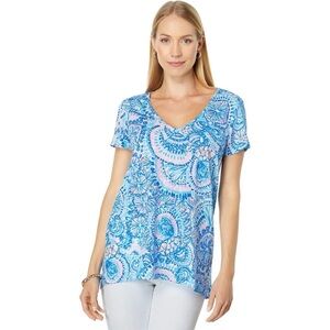 Lilly Pulitzer Etta Blue Grotto Commotion in The Ocean Short Sleeve Top Coastal